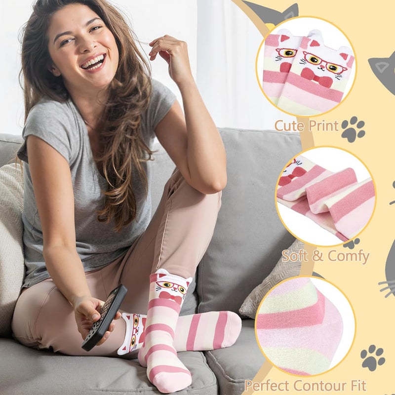 Socksfad Store 5-6 Pairs Women's Cute Cat Socks Gifts, Funny Novelty Animal Print Crew Cotton Socks Christmas Gifts for Women Girls - Image 2